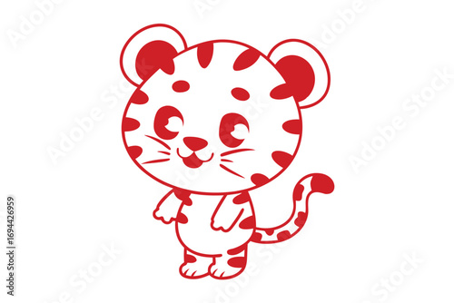 Red outlined adorable cartoon tiger stands with a slight smile against a white background
