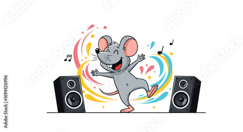 Happy cute mouse dancing to music between speakers