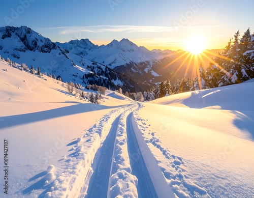 Cross country skiing, Ski tracks lead through snowy landscape towards majestic mountains during a bright sunrise, creating a serene and peaceful winter scene.