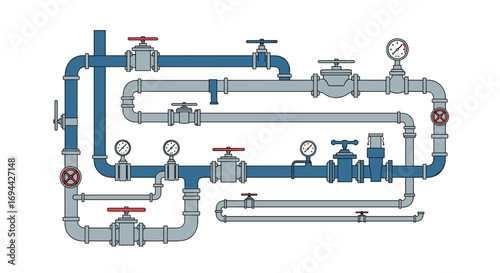Complex industrial pipe system with valves gauges and connections