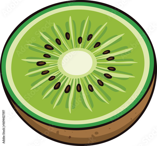 A cartoon depiction of a sliced kiwi fruit, showcasing its green flesh and brown skin.