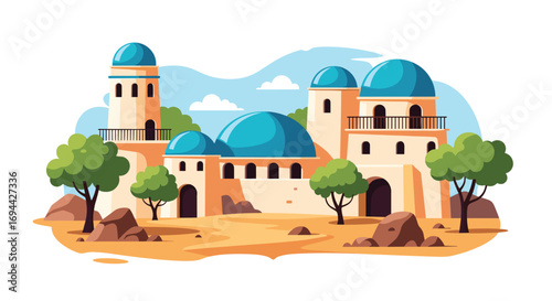 Ancient desert village with blue domed buildings and green trees