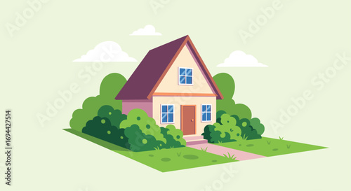 A cozy cottage surrounded by lush greenery and blue skies