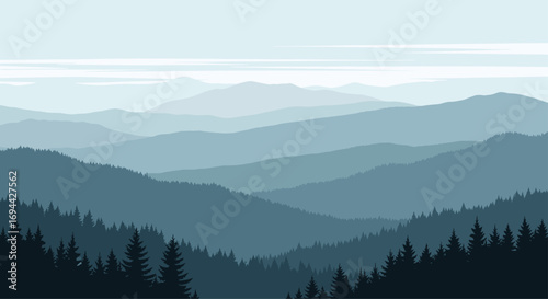 Misty blue mountain range peaks landscape background with evergreen trees