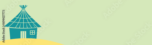 Teal African hut illustration on a pale green background featuring a simple design perfect for
