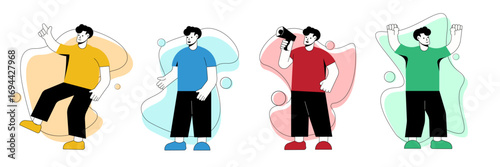 Four Male Figure Poses: Capturing the dynamic movements of four diverse male figures in various poses against abstract background designs, portraying individuality and style.