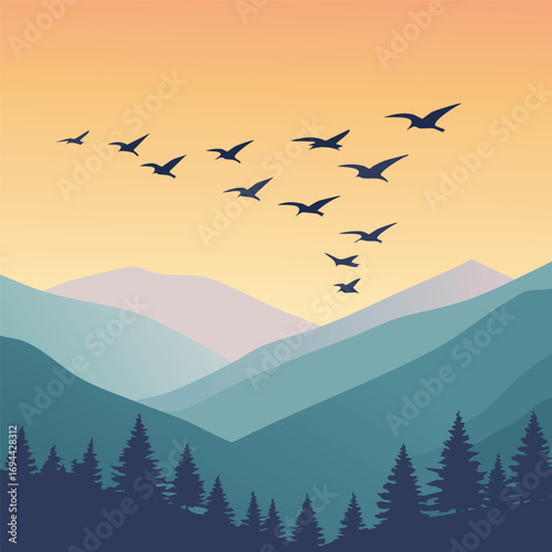 A tranquil and scenic digital illustration depicting a flock of birds flying in a V-formation over a serene mountain landscape at dusk or dawn. 