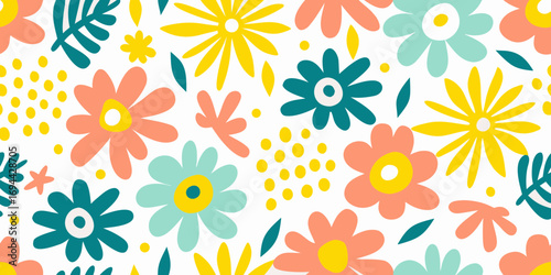 Bright and cheerful seamless floral pattern with abstract flowers and leaves in pastel colors