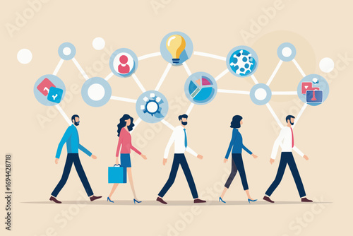 Diverse business professionals in a team walking together with interconnected icons representing ideas and progress