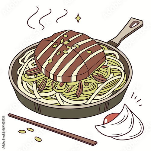 A delightful illustration of a rich and savory meal served in a frying pan, featuring hearty noodles topped with a generously sliced piece of grilled meat, perfect for a satisfying dinner