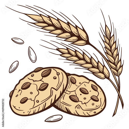 Delightful baked cookies adorned with natural grains and seeds, thoughtfully placed next to fresh wheat stalks, conveying a rustic charm and the essence of wholesome, homemade goodness