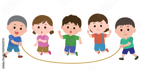 大縄跳びを跳ぶ子供達　イラスト