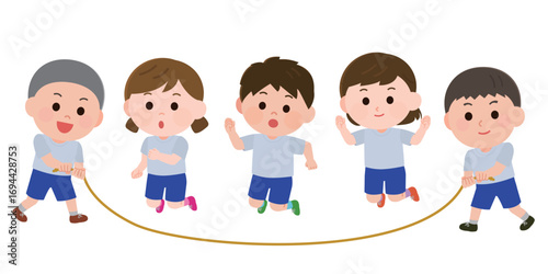 大縄跳びを跳ぶ体操服の子供達　イラスト