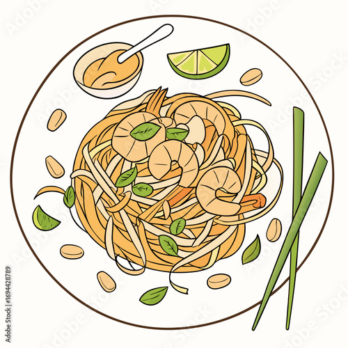 Delicious Pad Thai Noodles with Shrimp and Peanuts, Garnished with Fresh Lime and Mint