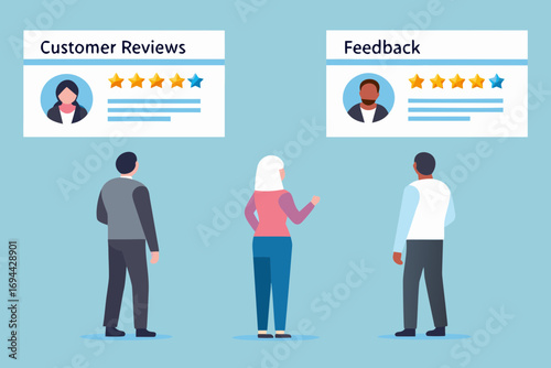 Diverse group of people observing customer reviews and feedback with star ratings