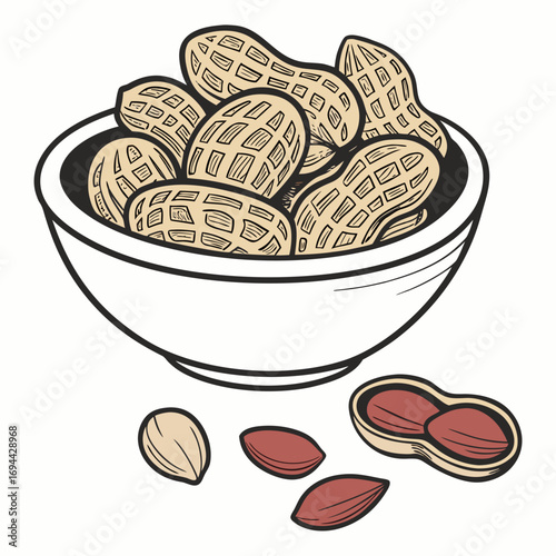 Peanuts in a Bowl An illustration of a bowl full of peanuts with a few scattered around it