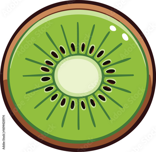 A close-up, cartoon-style illustration of a sliced kiwi fruit, showcasing its vibrant green flesh and seeds.