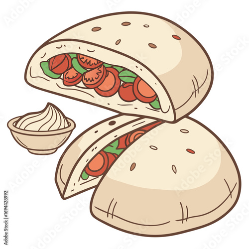 Deliciously Illustrated Pita Pockets Filled with Fresh Tomatoes, Lettuce, and Creamy Sauce