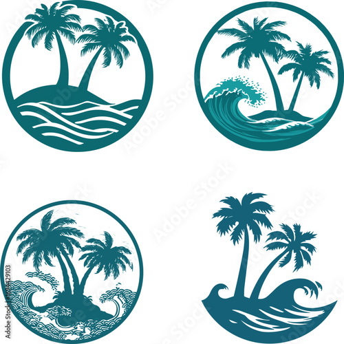 Four tropical island silhouettes with palm trees and ocean waves