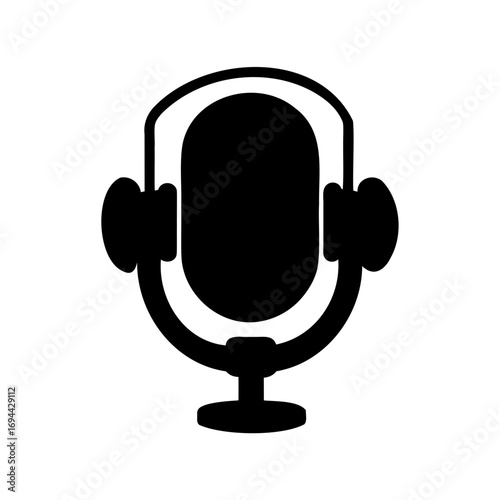 Minimalist black and white icon of a microphone with headphones on a stand