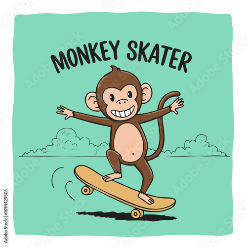 Playful Cartoon Style Monkey Skater Character Riding Skateboard Illustration