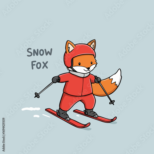 Cute Handdrawn Fox Skiing Winter Sport Cartoon Illustration