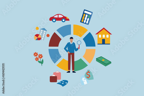 Man with magnifying glass analyzing pie chart with icons representing expenses and income