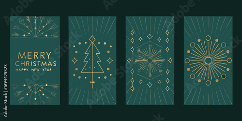 Elegant art deco style christmas and new year greeting cards with gold geometric designs on teal background