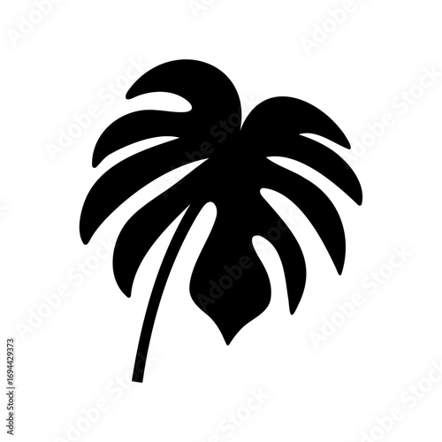 Elegant black silhouette of a Monstera deliciosa leaf isolated on white