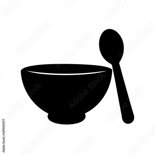 Simple Black and White Silhouette of a Bowl and Spoon for Eating