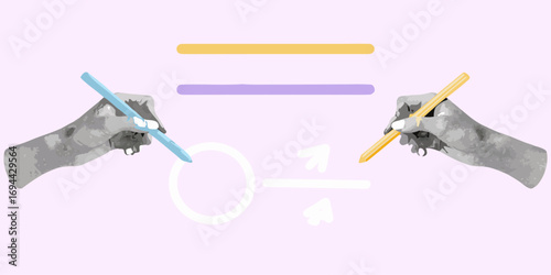 Two hands drawing and writing with pencils on a light purple background with abstract shapes and lines