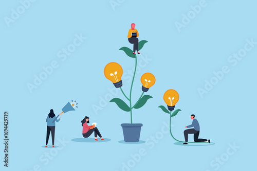 People tending to a plant that grows light bulbs symbolizing ideas and innovation