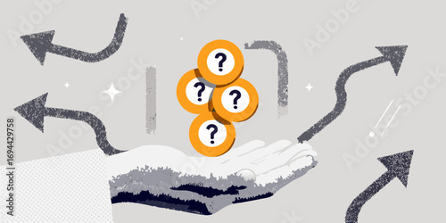 Hand holding question marks representing uncertainty and multiple paths forward with arrows indicating choices