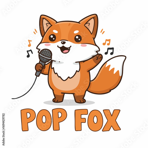 Cartoonish Cheerful Fox Singing with Microphone Pop Music Illustration