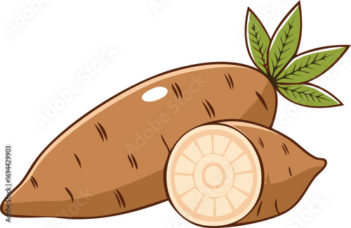 Illustration of cassava roots, one whole and one sliced to show the internal structure.