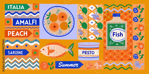 Vibrant italian summer collage featuring amalfi coast foods and patterns