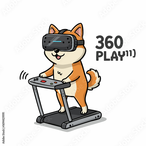 Cartoonish Shiba Inu Dog Treadmill VR Headset Sport Exercise Illustration