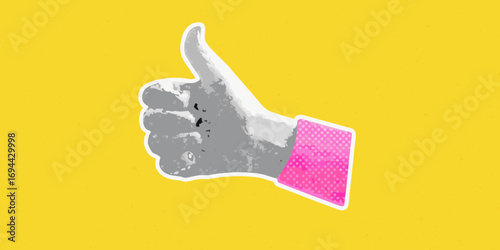 Stylized gray thumbs up hand gesture with pink polka dot sleeve on yellow textured background