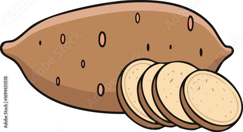 A whole sweet potato and sliced sections, presented in a cartoon style.