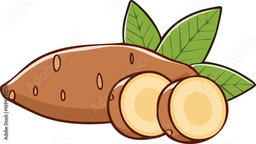 A whole sweet potato and two cross-sections, accompanied by vibrant green leaves.