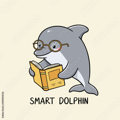 Cute Cartoon Style Dolphin Reading Book Illustration Aquatic Mammal