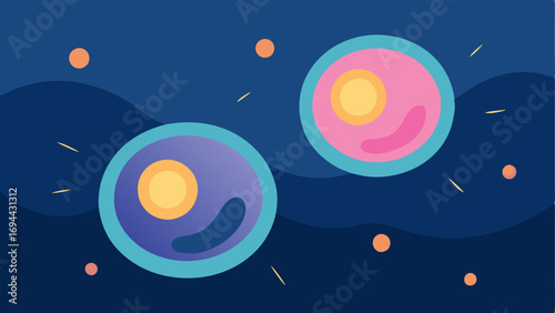 Cell Connection Depict two skin cells with bright glowing exosomes floating between them showcasing the communication that leads to enhanced elastin and collagen production.