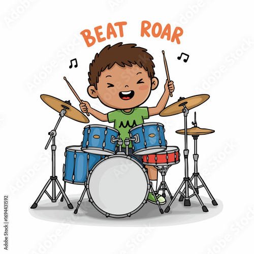 Cute Handdrawn Drummer Kid Playing Drums Percussion Instrument Character Illustration
