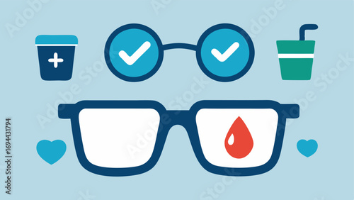 Daily Health Summary An overview illustration where the glasses present a daily health summary with checkmarks for achieved goals steps water intake and calories.