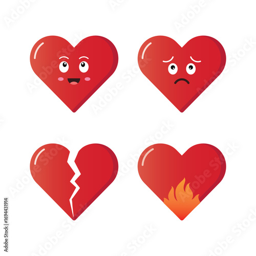 Heart Icons with Love, Sad, Broken and Burning Emotions