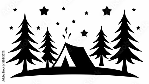 Magical camping under starry skies with tent and trees, a tranquil nature escape for outdoor lovers