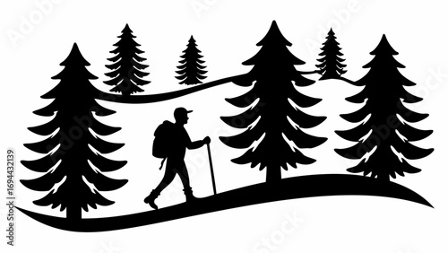 Person hiking scenic forest trail adventure among tall pine trees, enjoying outdoor recreation
