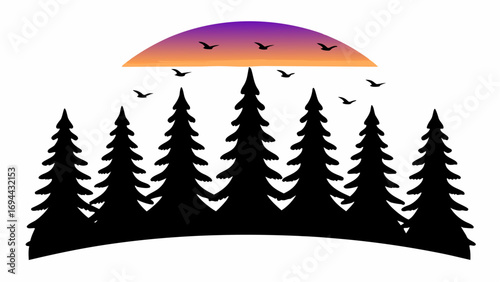 Stunning sunset illustration with silhouetted trees and birds perfect for nature lovers and outdoor themes