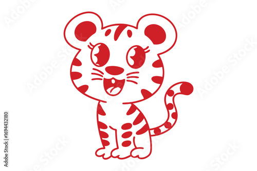 Red outlined cartoon tiger with cute eyes stands and cheerfully opens its mouth