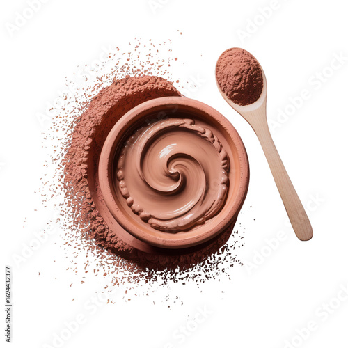 A terracotta clay mask and its preparation ingredients on transparent background